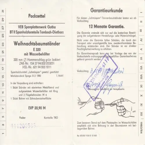 VEB Spanplattenwerk Gotha, Garatieschein für Weihnachtsbaumständer, 1982