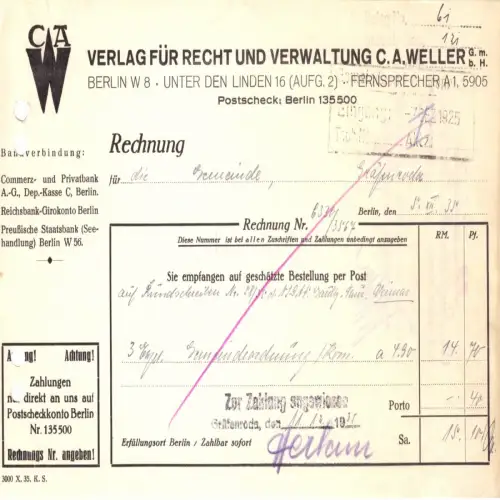 Rechnung, Verlag für Recht und Verwaltung C. A. Weller, Berlin W 8, 5.12.35
