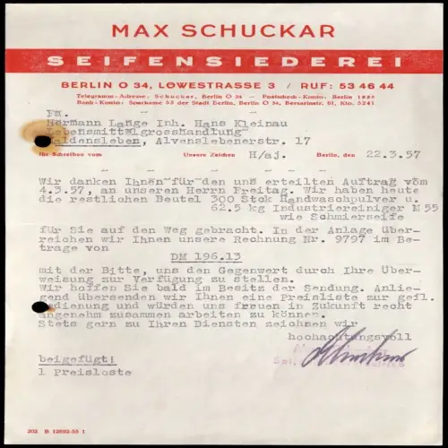 Anschreiben, Fa. Max Schuckar, Seifensiederei, Berlin O34, Löwestr. 3, 1957