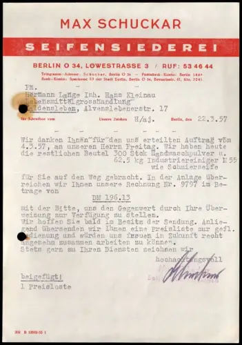 Anschreiben, Fa. Max Schuckar, Seifensiederei, Berlin O34, Löwestr. 3, 1957