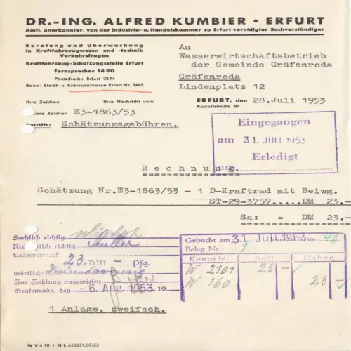 Rechnung, Dr.-Ing Alfred Kumbier, Kraftfahrzeug-Schätzstelle, Erfurt, 28.7.53
