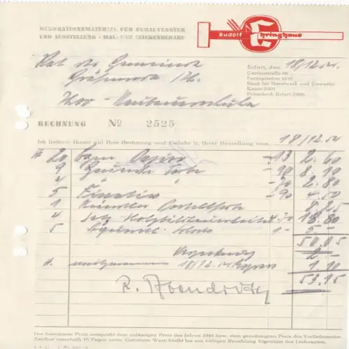 Rechnung, Fa. Rudolf Ehringhaus, Dekorationsmaterial ..., Erfurt, 18.12.54