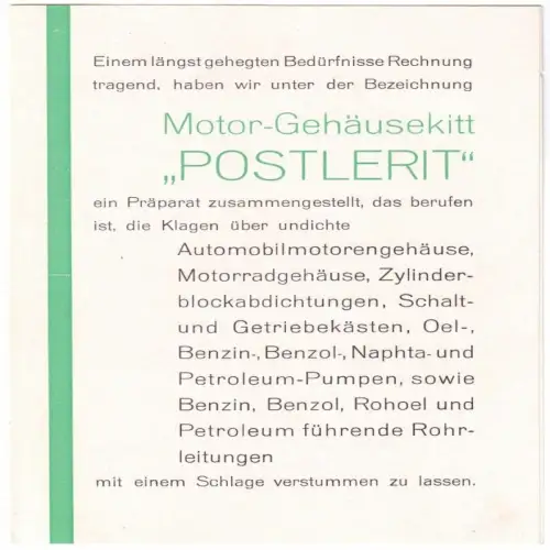Werbezettel, Fa. Postlerit-Werke AG, Dresden A 46, Motor-Gehäusekitt, um 1950