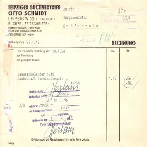 Rechnung, Leipziger Buchvertrieb Otto Schmidt, Leipzig W 33, 19.10.41