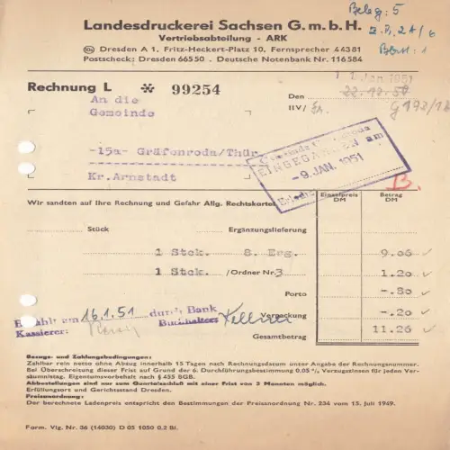Rechnung, Landesdruckerei Sachsen GmbH, Vertrieb, Dresden A 1, 11.1.51
