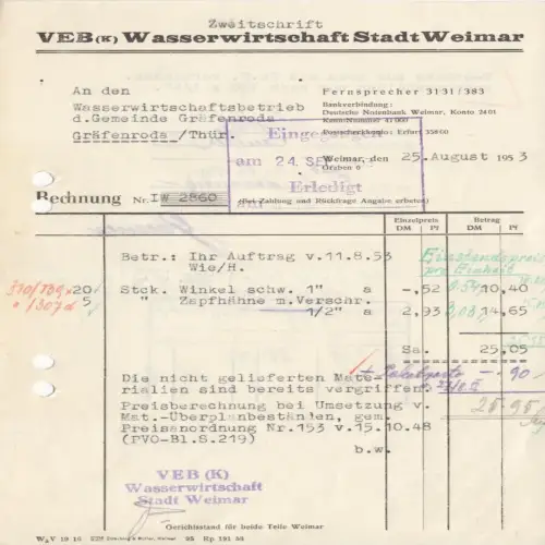 Rechnung, VEB (K) Wasserwirtschaft Stadt Weimar, 25.8.53
