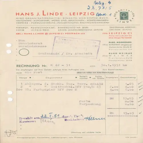 Rechnung, Fa. Hans. J. Linde, ... Bürobedarf ..., Leipzig C 1, 30.1.51