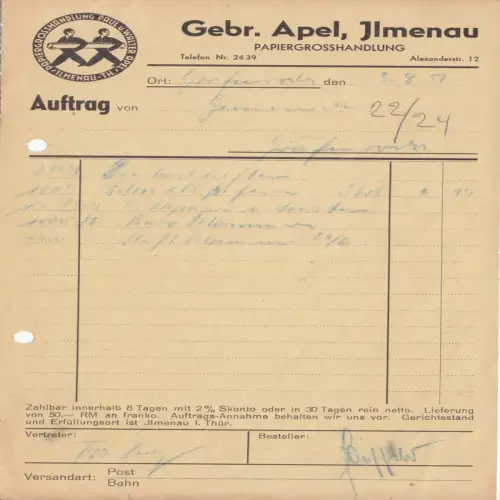 Rechnung, Fa. Gebr. Apel, Ilmenau i. Thür., Papiergrosshandlung, 3.8.51