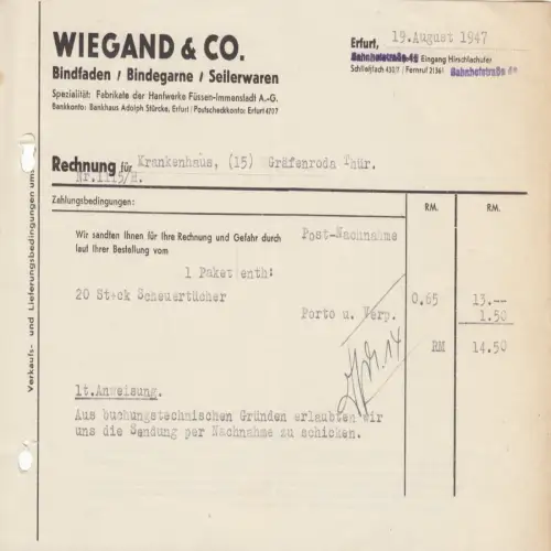 Rechnung, Fa. Wiegand & Co., Bindfaden, Bindegarne, Seilerwaren, Erfurt, 19.8.47