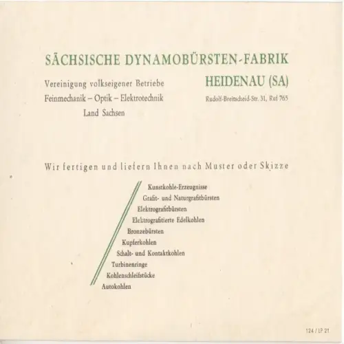 Vertreterkarte, Fa. Sächsische Dynamobürsten-Fabrik Heidenau (Sa), um 1950