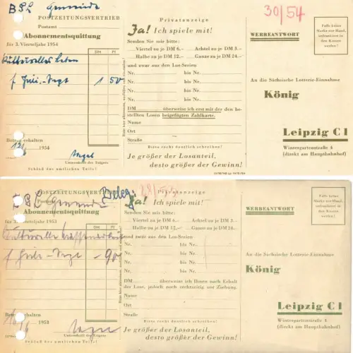 vier Abo-Quittungen des Postzeitungsvertriebes mit Werbung Landeslotterie, 1953