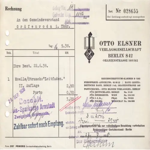 Rechnung, Otto Elsner Verlagsgesellschaft, Berlin S 42, 16.9.38
