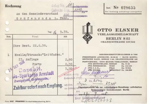 Rechnung, Otto Elsner Verlagsgesellschaft, Berlin S 42, 16.9.38