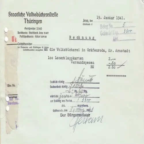 Rechnung, Staatliche Volksbüchereistelle Thüringen, Jena, 19.01.41