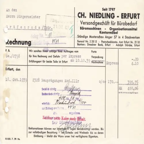 Rechnung, Fa. Ch. Niedling - Erfurt, Versandgeschäft für Bürobedarf, 10.10.39