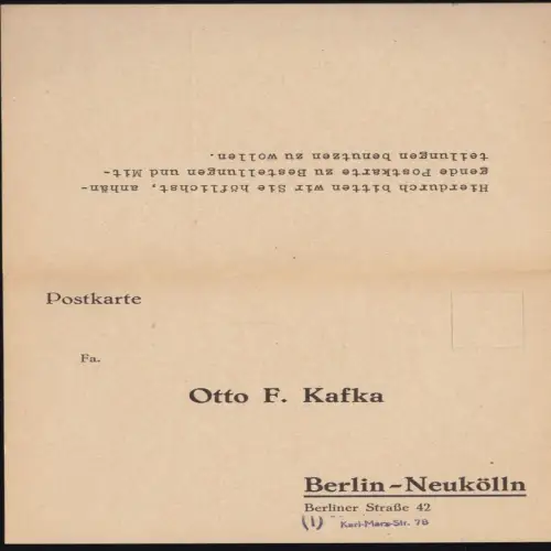 Werbepostkarte der Fa. Otto F. Kafka, Friseurbedarf, Berlin Neukölln, um 1950