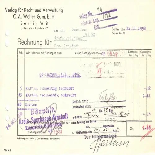 Rechnung, Verlag für Recht und Verwaltung C. A. Weller, Berlin W 8, 12.11.38