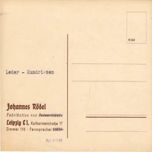 Werbekarte der Fa. Johannes Rödel, Leipzig C 1, blanko, um 1946