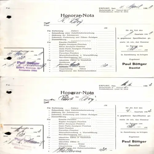 zwei Honorar-Nota, Dentist Paul Böttger, Erfurt, Meyfartstr. 18, 1941/42