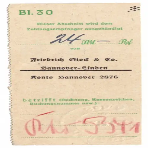 Empfängerabschnitt einer Überweisung mit Stempel des PSchA Hannover, 29.12.43