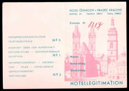 Hotelkarte, Hotel Cernigov, Hradec Králové, um 1970