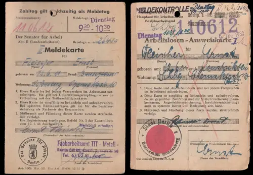drei Stempelkarten, Facharbeitsamt Berlin III, 1950 - 1952 mit div. Eintragungen