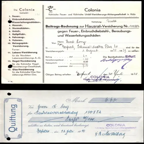 Colonia Versicherung Köln, Bezirksdirekt. Erfurt, Prämien-Rechnungen (4) 1937-40