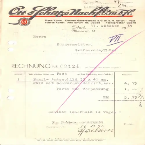 Rechnung, Fa. Ott & Schütze Nachf. GmbH, Erfurt, Altonaerstr. 18, 11.10.35