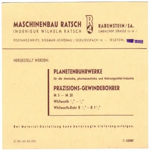 Vertreterkarte, Fa. Maschinenbau Ratsch, Rabenstein Sachs., 1948