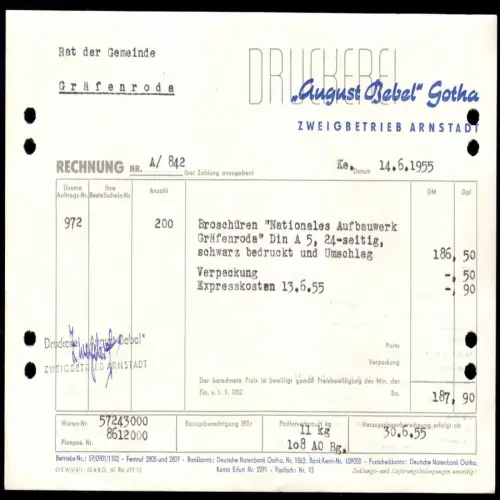 Rechnung, Druckerei "August Bebel", Gotha, Zweigbetrieb Arnstadt, 14.6.55