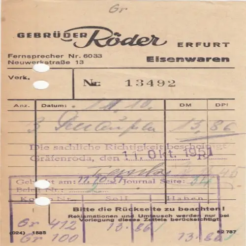 Rechnung, Fa. Gebrüder Röder, Erfurt, 11.10.51