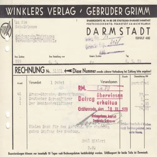 Rechnung, Winklers Verlag / Gebrüder Grimm, Darmstadt, 1939