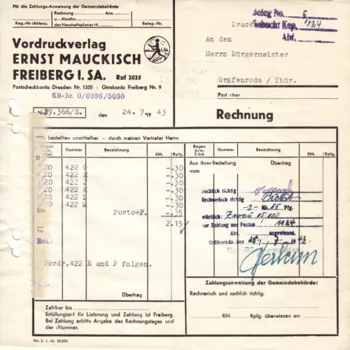 Rechnung, Fa. Ernst Mauckisch, Vordruckverlag, Freiberg i. Sa., 1943