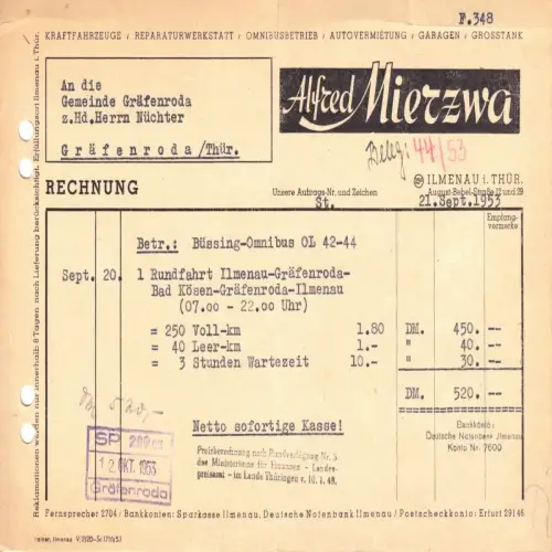 Rechnung, Fa. Alfred Mierzwa, Ilmenau Thür., 1953