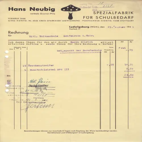 Rechnung, Fa. Hans Neubig, Spezialfabrik für Schulbedarf, Ludwigsburg, 1941