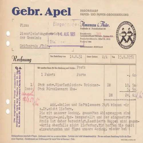 Rechnung, Fa. Gebr. Apel, Ilmenau i. Thür., Bürobedarf, 15.8.51