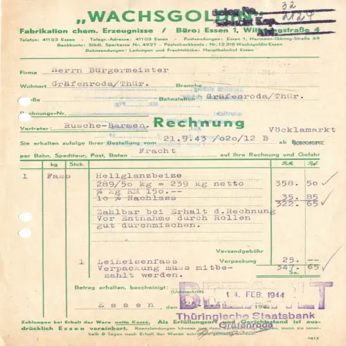 Rechnung, Fa. "Wachsgoldin", Fabrikation chem. Erzeugnisse, Essen, 21.9.43