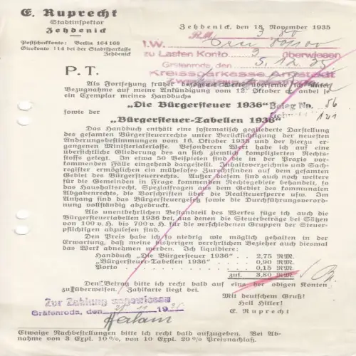 Rechnung, E. Ruprech, Stadtinspektor, Zehdenick, 18.11.35