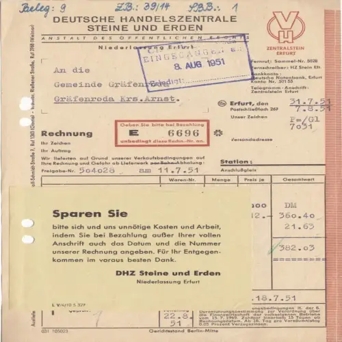 Rechnung, Deutsche Handelszentrale Steine und Erden, Niederl. Erfurt, 31.7.51