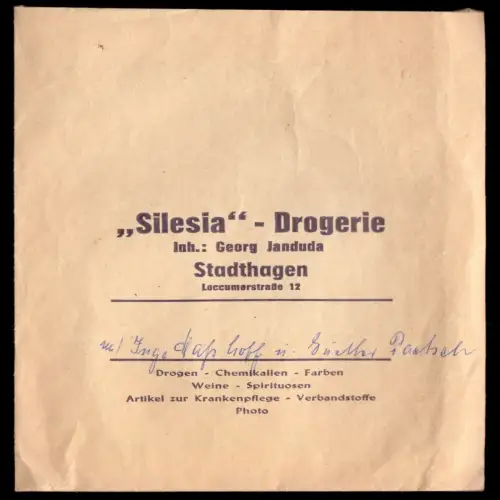 Stadthagen, Verpackungstüte, "Silesia"-Drogerie, Loccumerstr. 12, um 1960