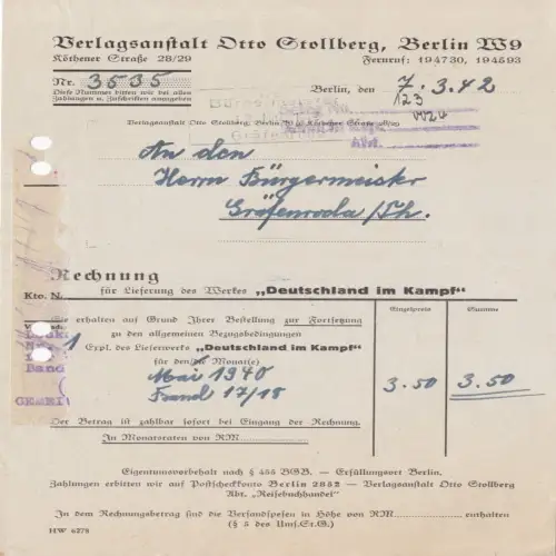 Rechnung, Verlagsanstalt Otto Stollberg, Berlin W 9, 7.3.42