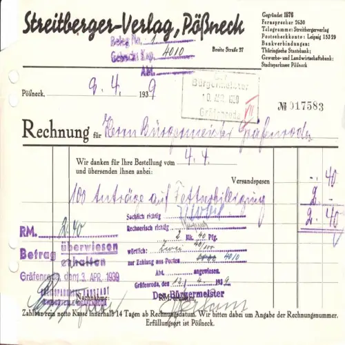 Rechnung, Streitberger-Verlag, Pößneck, 9.4.39