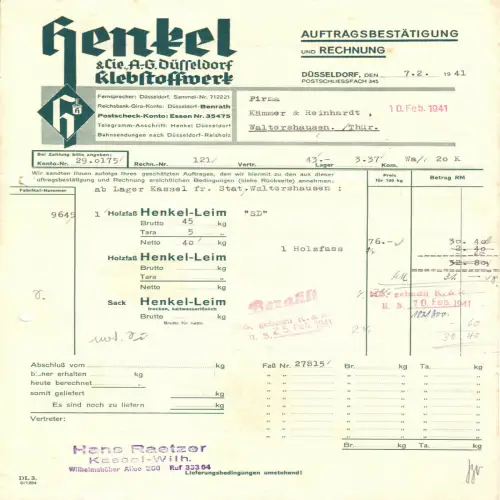 Rechnung, Henkel & Cie A.-G. Klebstoffwerk, Düsseldorf, 7.2.1941