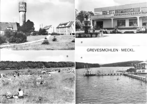 AK, Grevesmühlen Meckl., vier Abb., u.a. Kaufhalle, Wasserturm, 1981