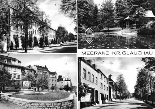 AK, Meerane Kr. Glauchau, veir Abb., u.a. Linden-Oberschule, 1977