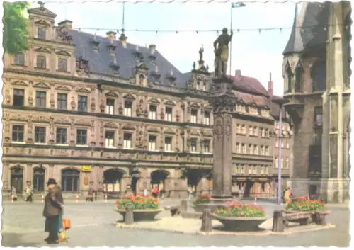 AK, Erfurt, Fischmarkt mit Gildehaus und Roland, 1961