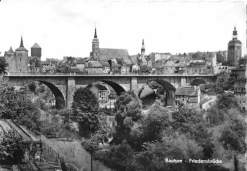 AK, Bautzen, Teilansicht mit Friedensbrücke, 1964