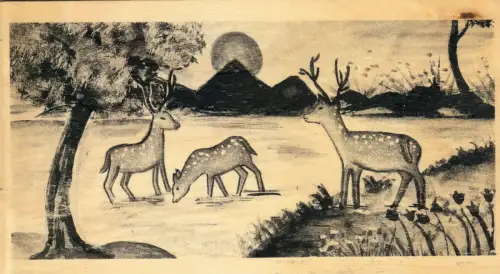 AK aus Holz, Landschaft mit Tieren, Blindenmission, postalisch gelaufen, 2001 