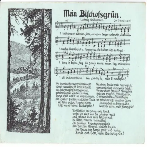 AK, Bischofsgrün, Teilansicht, Künstlerkarte, Noten und Liedtext, um 1938