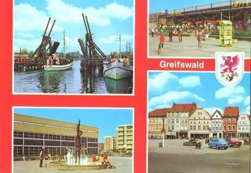 AK, Greifswald, 4 Abb., u.a. Wiecker Brücke, 1985